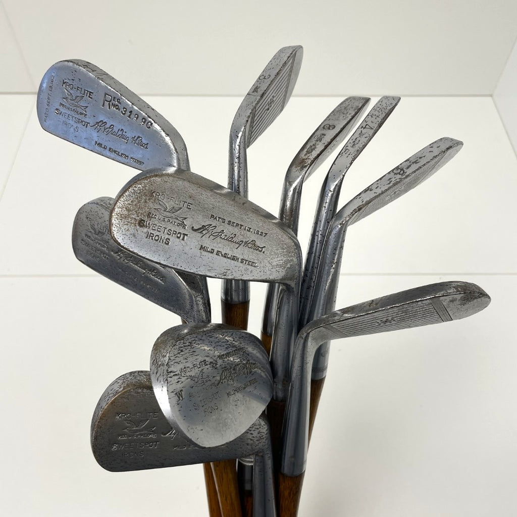 VERY RARE - Full Matching Set - 1920's A.G. Spalding & Bros - KRI-FLITE Sweet Spot Hickory Irons