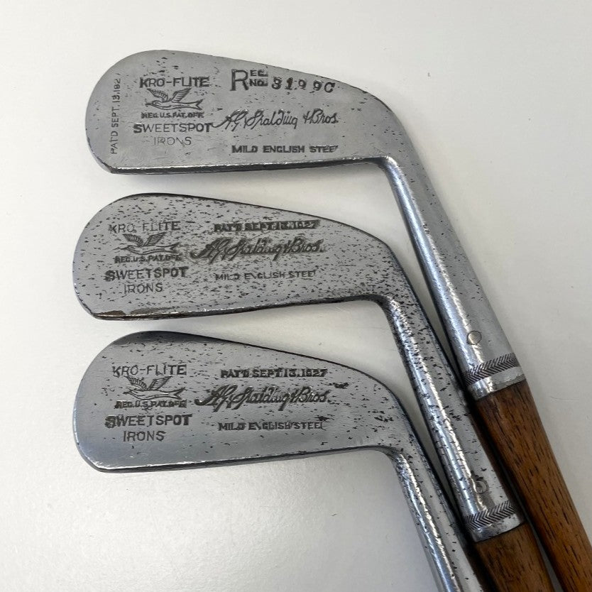 VERY RARE - Full Matching Set - 1920's A.G. Spalding & Bros - KRI-FLITE Sweet Spot Hickory Irons