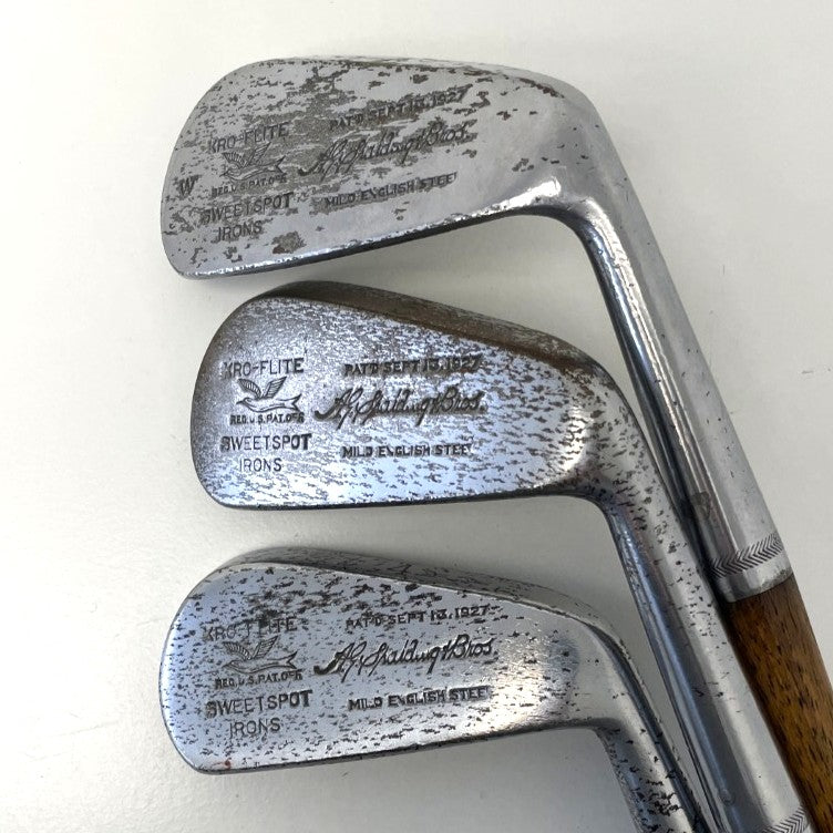 VERY RARE - Full Matching Set - 1920's A.G. Spalding & Bros - KRI-FLITE Sweet Spot Hickory Irons