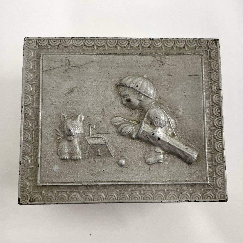 Antique Metal Trinket Box - Golfer with Dog - circa 1920s
