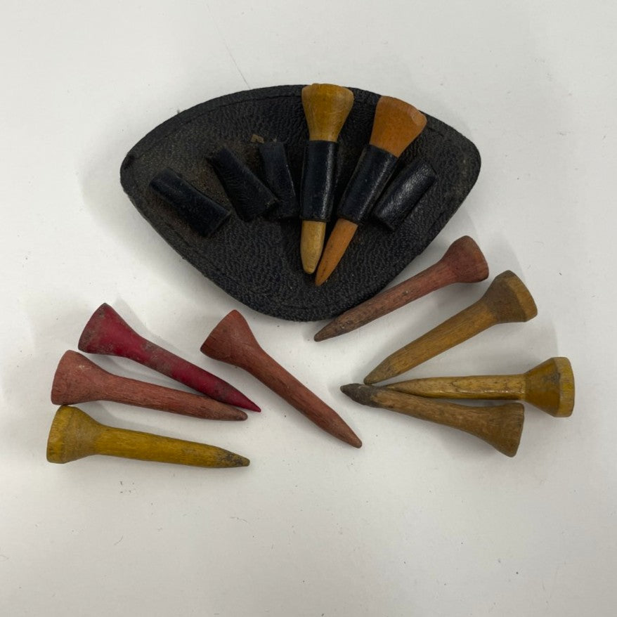 Vintage Leather Golf Tee Holder with Wooden Tees - c.1930s