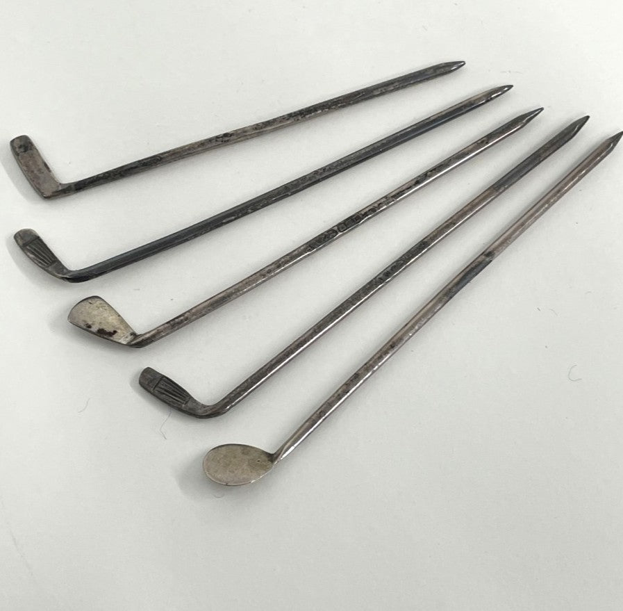 1928 John Nowill & Son - Set of 5 Sterling Silver Golf Club Cocktail Picks