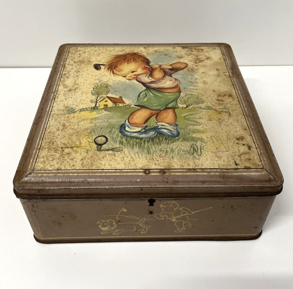 Vintage Van Melle Storage Tin - Young Golfer - c.1950s