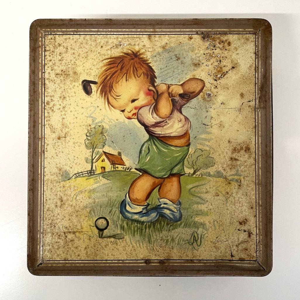 Vintage Van Melle Storage Tin - Young Golfer - c.1950s