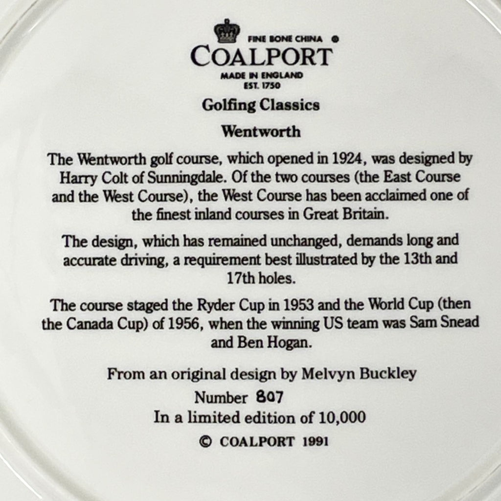 COALPORT Fine Bone China  - Golfing Classics Limited Collectors Edition Plate - Wentworth - No.803/10,000
