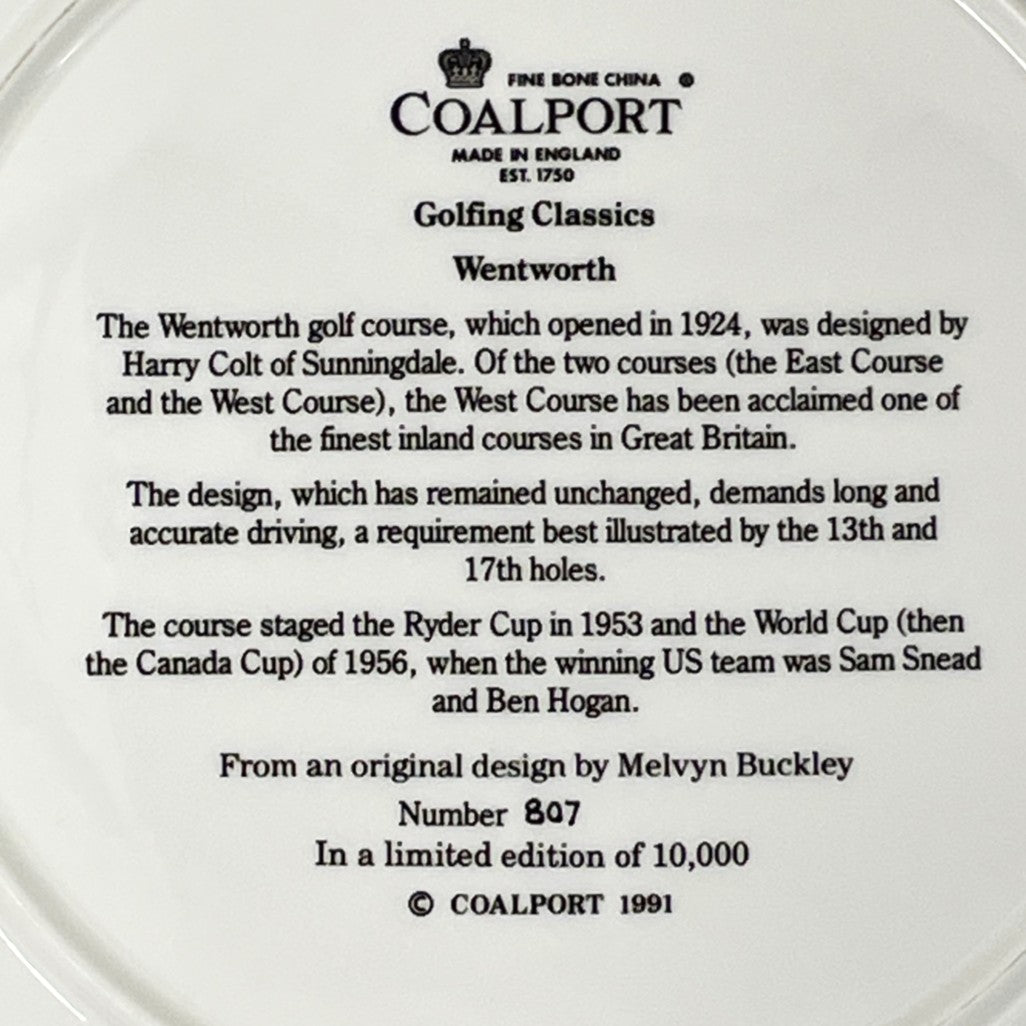 COALPORT Fine Bone China  - Golfing Classics Limited Collectors Edition Plate - Wentworth - No.803/10,000