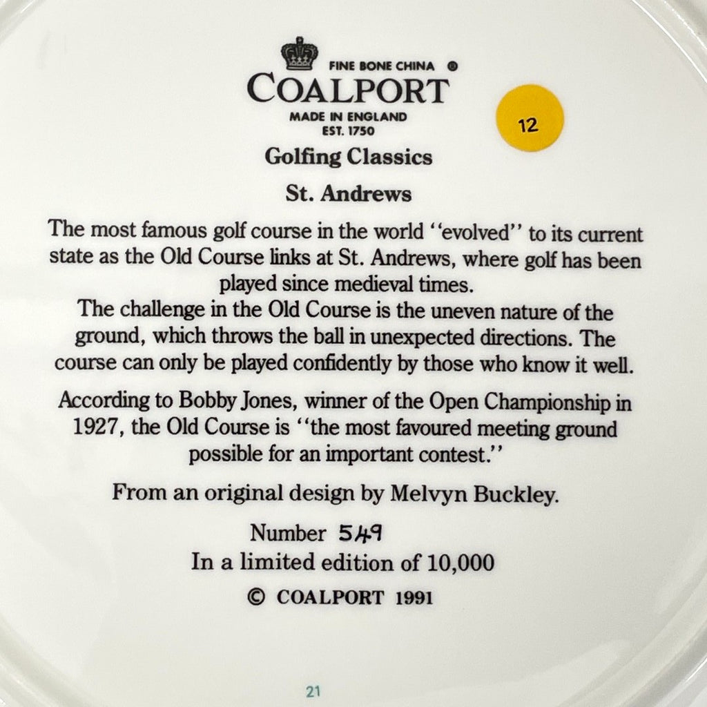 COALPORT Fine Bone China  - Golfing Classics Limited Collectors Edition Plate - St Andrews - No.549/10,000