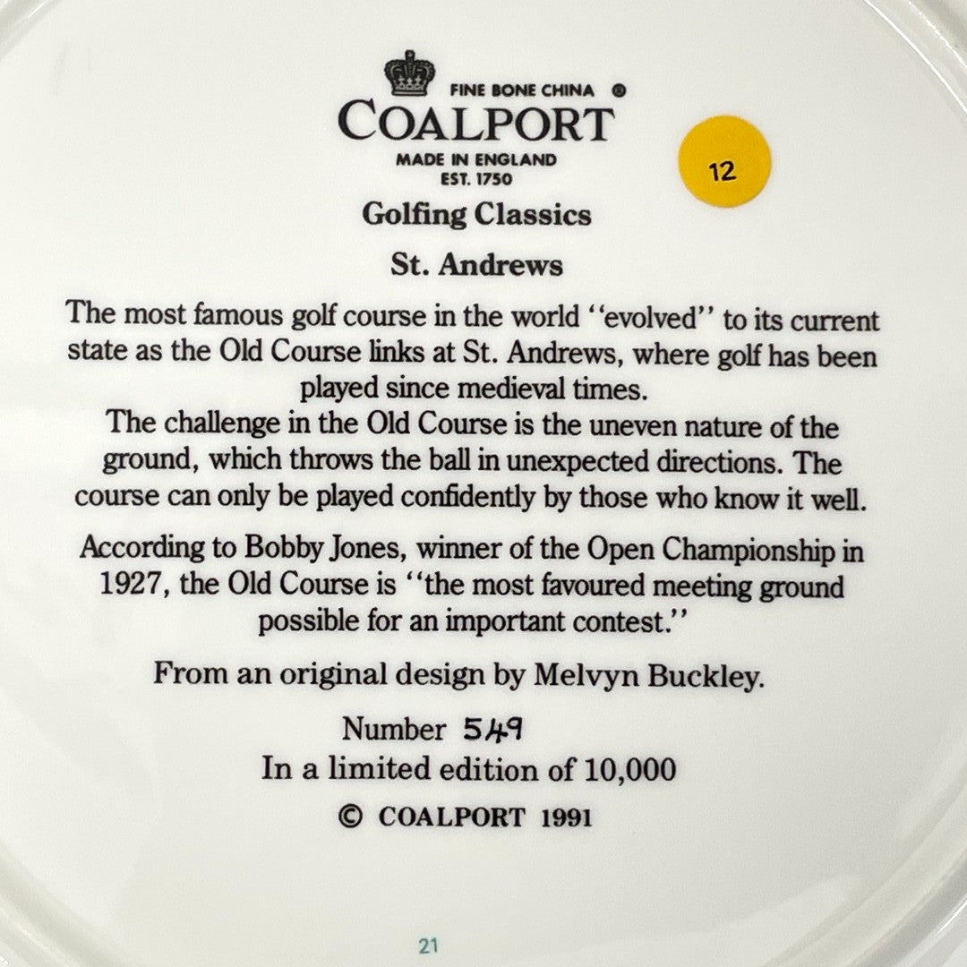 COALPORT Fine Bone China  - Golfing Classics Limited Collectors Edition Plate - St Andrews - No.549/10,000