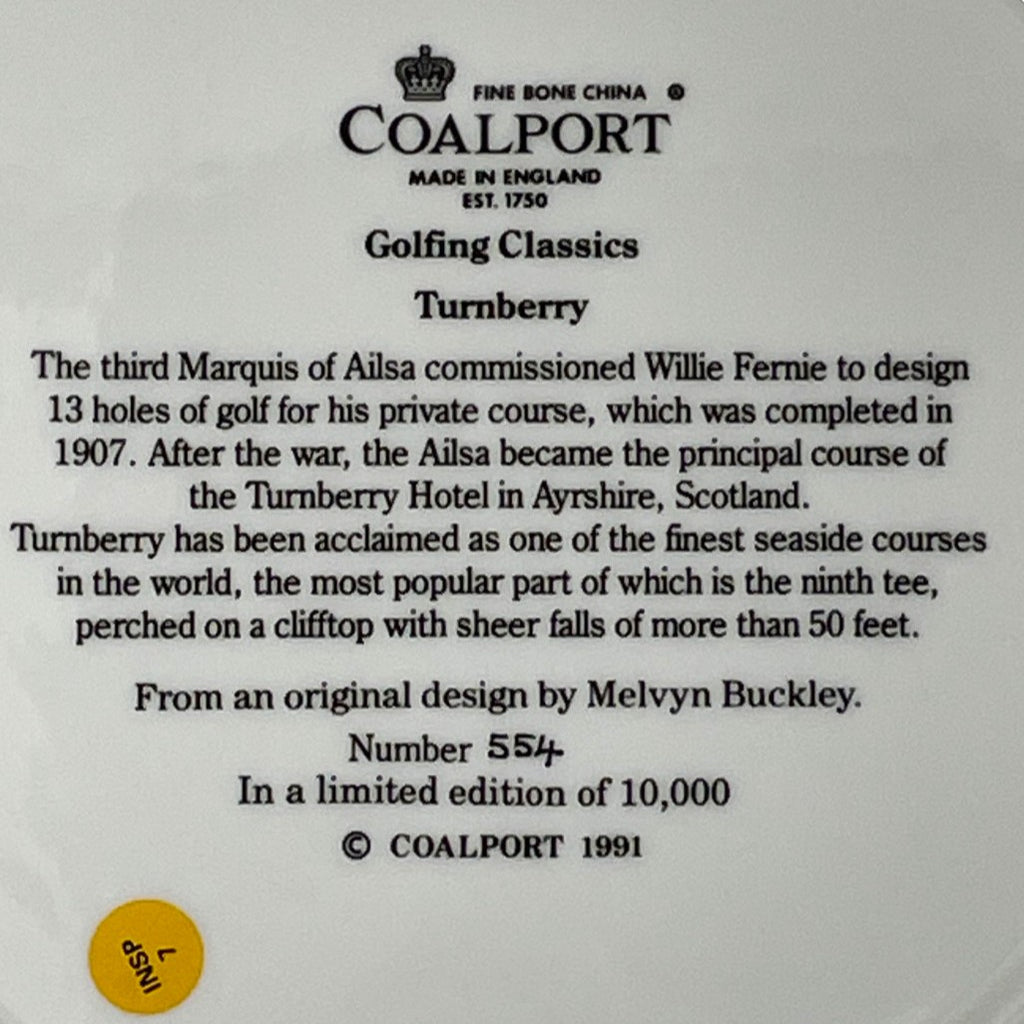 COALPORT Fine Bone China  - Golfing Classics Limited Collectors Edition Plate - Turnberry - No.554/10,000