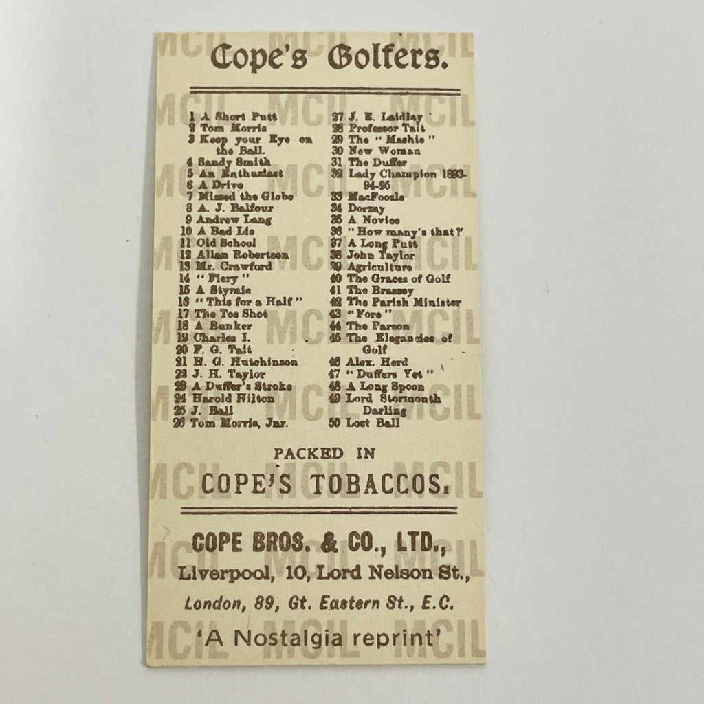 Complete set of 50 Cope's Golfers Cigarette Cards - Nostalgia Reprints