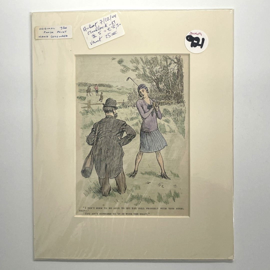 Original 1930 Punch Print - Hand Coloured - "I don't seem to be able to hit the ball properly with this steel shaft."