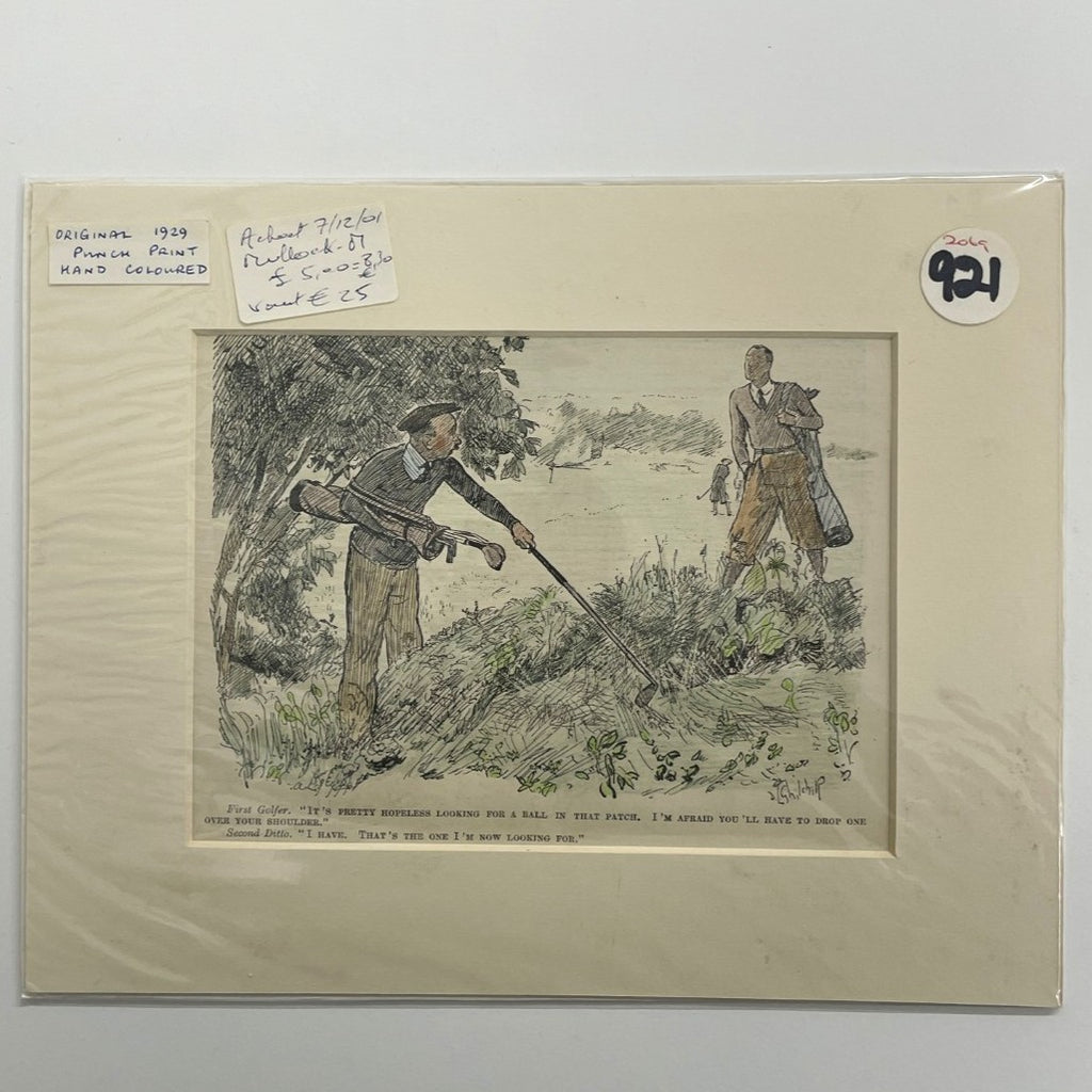 Original 1929 Punch Print - Hand Coloured - "It's Pretty Hopeless Looking For A Ball In That Patch."