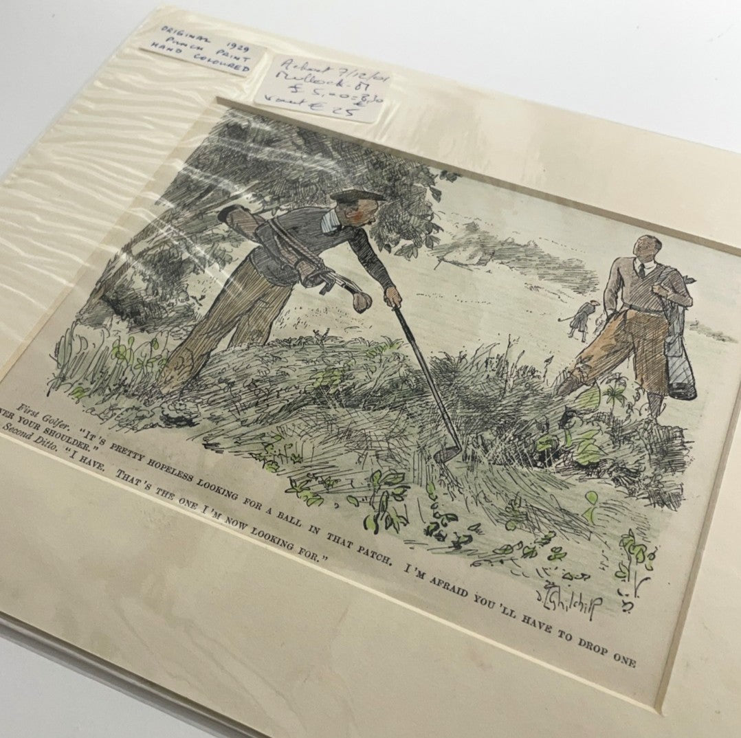 Original 1929 Punch Print - Hand Coloured - "It's Pretty Hopeless Looking For A Ball In That Patch."