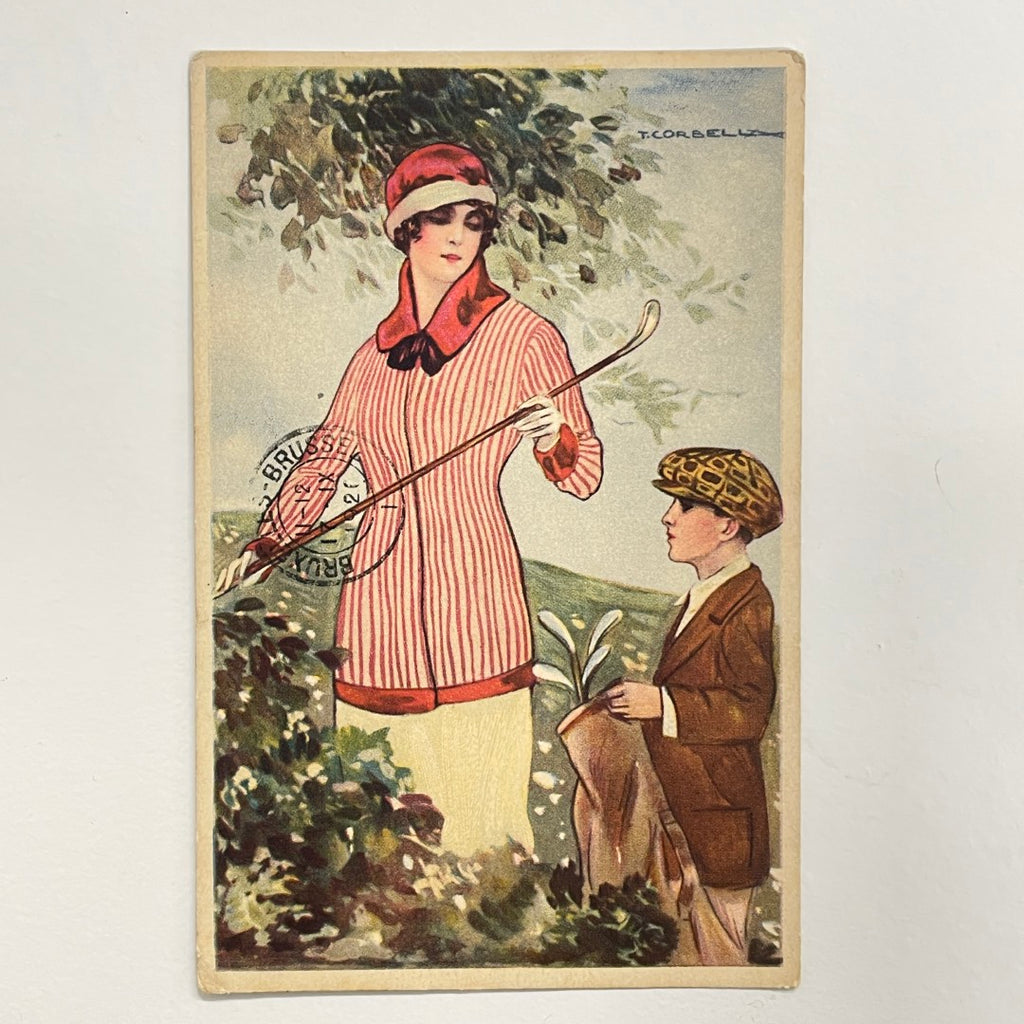 Ufficio Revisione Stampa (URS) Postcard c.1920 - Lady Golfer with Caddie by Tito Corbella