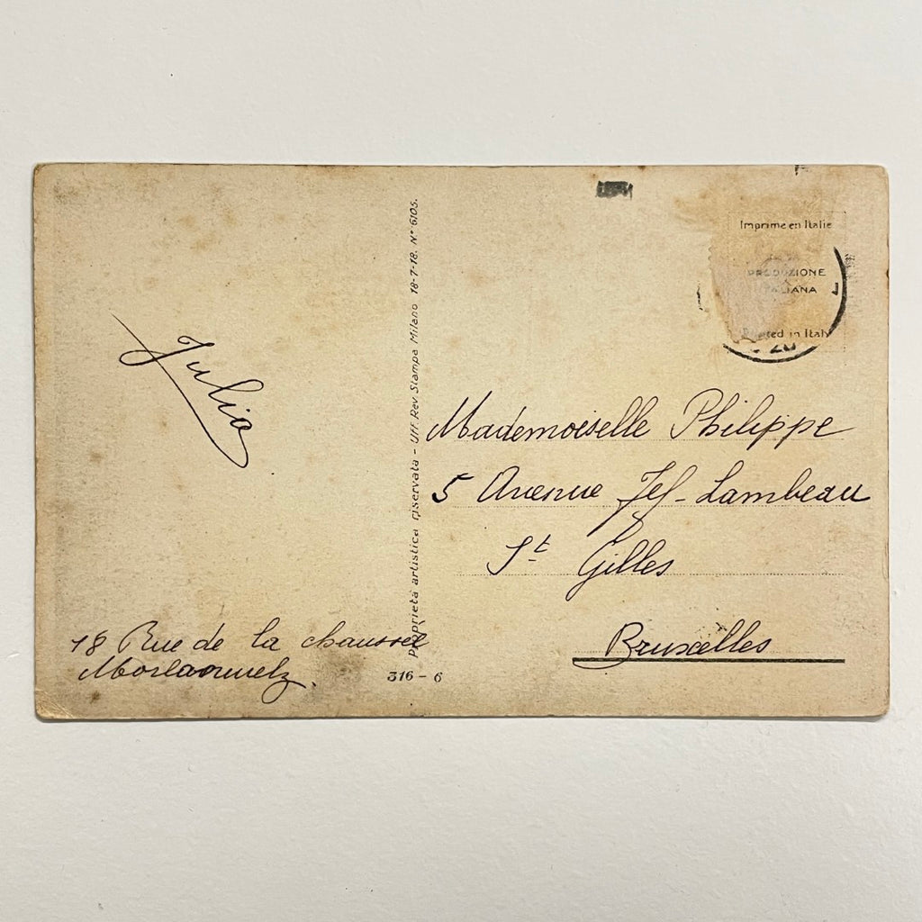 Ufficio Revisione Stampa (URS) Postcard c.1920 - Lady Golfer with Caddie by Tito Corbella