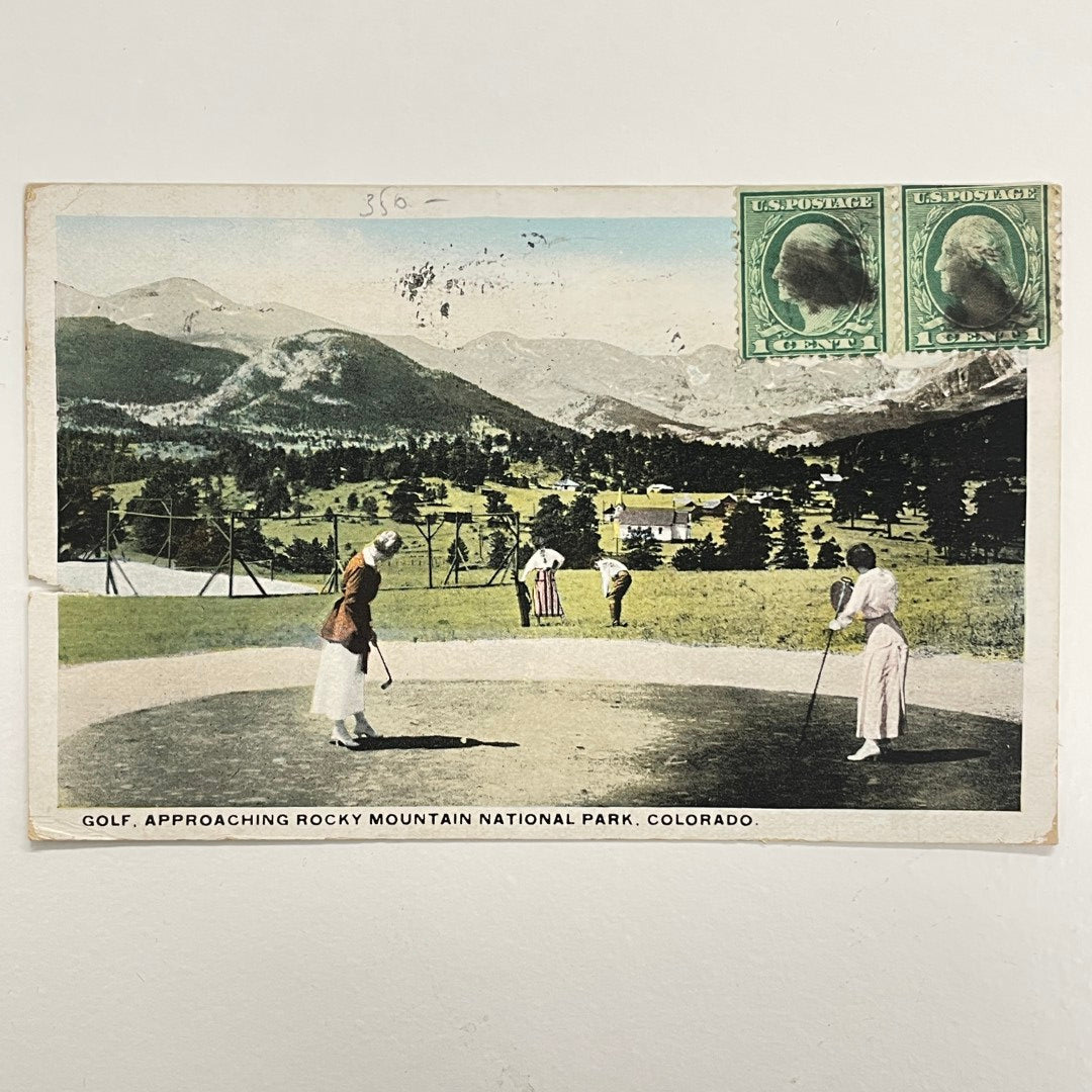Midwest Novelty Postcard c.1920 - "Golf, Approaching Rocky Mountain National Park, Colorado."