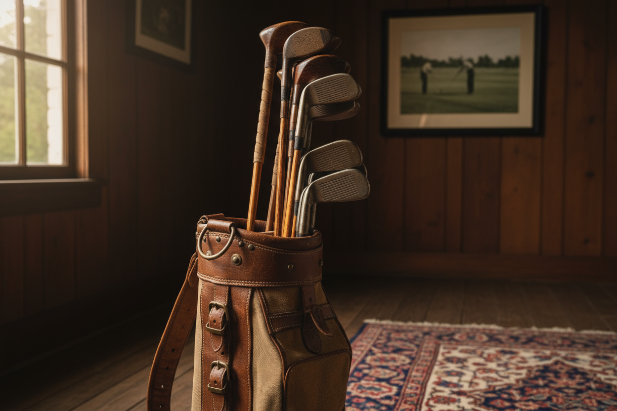 set of hickory golf clubs in traditional leather golf bag